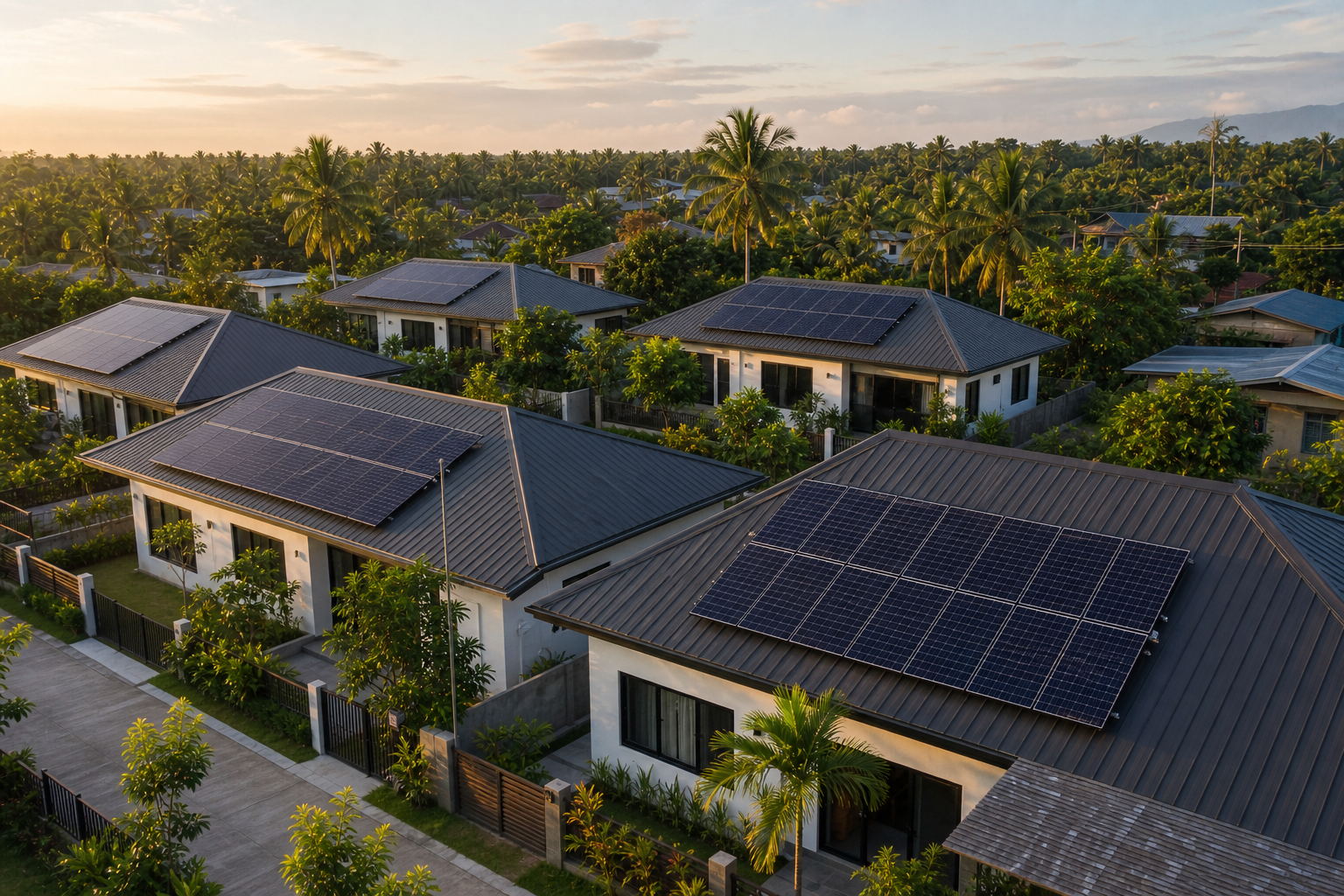 Residential cluster of homes with rooftop solar panels