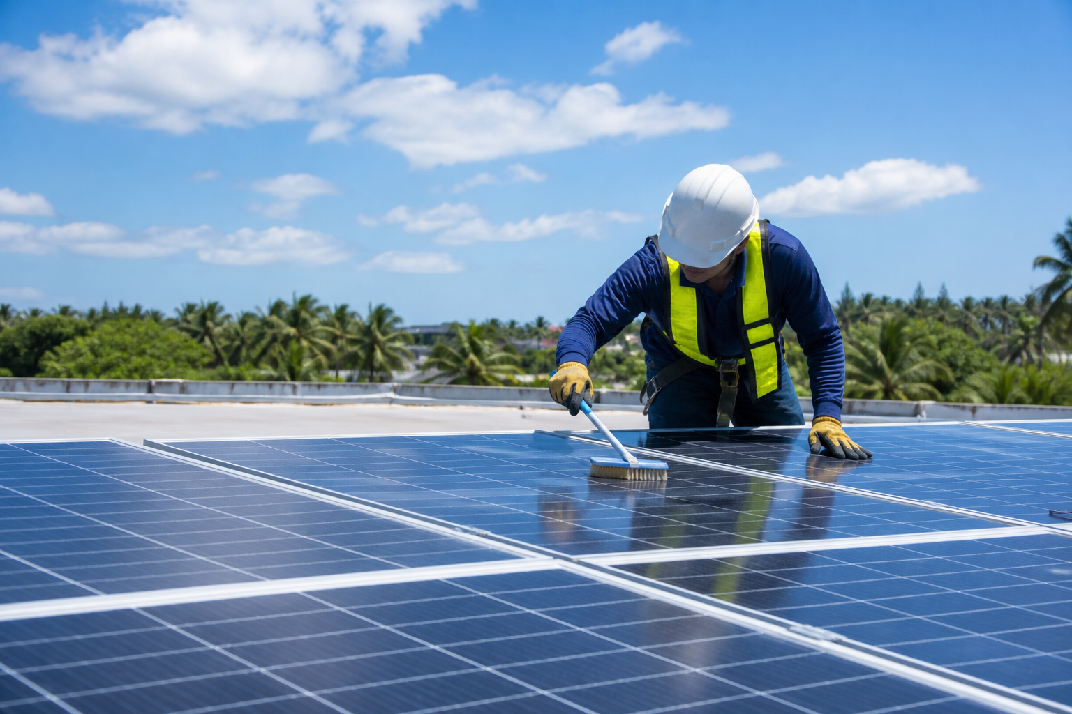 Technician maintaining rooftop solar panels